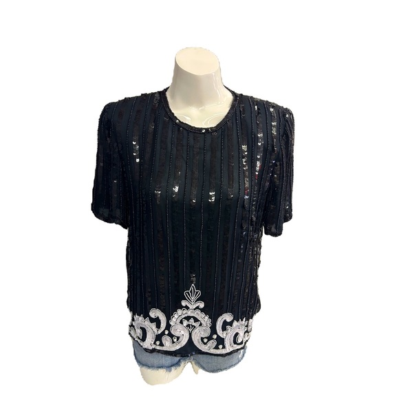 VINTAGE 80s STENAY BLACK SILK SEQUINNED BEADED SHORT SLEEVES TOP IN MEDIUM - Picture 1 of 8